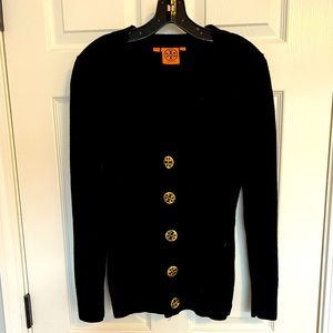 Tori Burch cardigan sweater with gold buttons with Tori logo